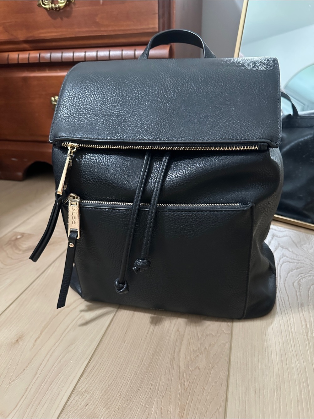 Aldo Black Pebbled Leather Backpack with Gold Hardware